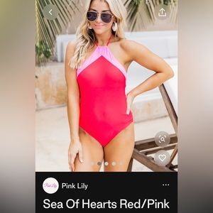 Pink Lily Boutique Sea of Hearts One Piece Halter Swim Suit Pink/Red